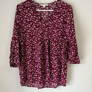 FUN2FUN Maley Pleated Detail Top Blouse Burgundy Floral Print Relaxed Fit Sz 1X